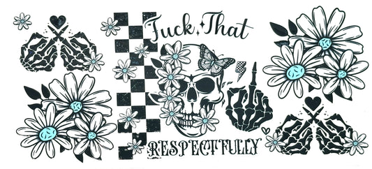 Design with skull, flowers, and text on a white background