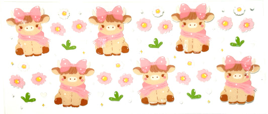 Pattern of cartoon cows with pink bows and flowers on a white background