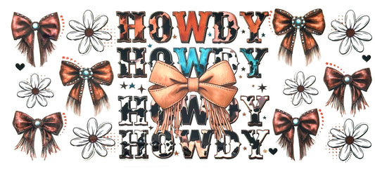 Decorative text with 'HOWDY' repeated, surrounded by bows and flowers on a white background.