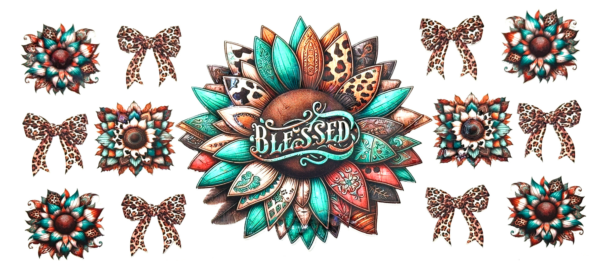 Decorative design with 'blessed' text surrounded by floral and bow patterns on a white background.