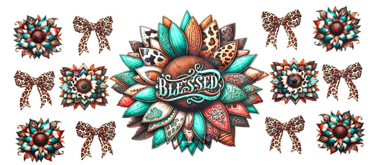 Decorative design with 'blessed' text surrounded by floral and bow patterns on a white background.