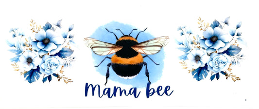 Illustration of a bee with flowers and 'Mama bee' text on a white background