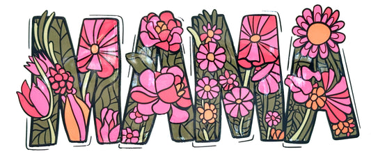 Colorful floral design spelling out 'MAMA' on a white background