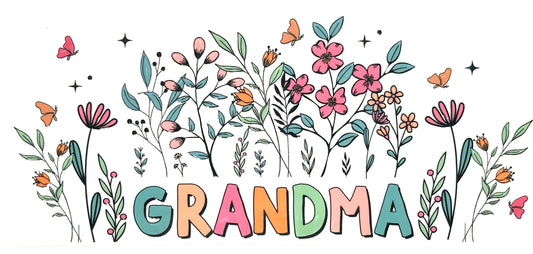Colorful 'GRANDMA' text surrounded by flowers and butterflies on a white background