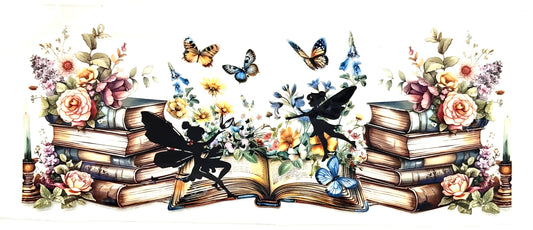 Decorative design with books, fairies, and flowers on a white background