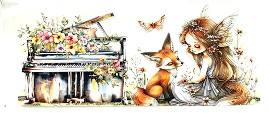 Fantasy scene with a girl, fox, and piano surrounded by flowers and butterflies.