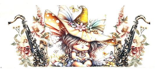 Illustration of a fairy with a saxophone surrounded by flowers and musical instruments.