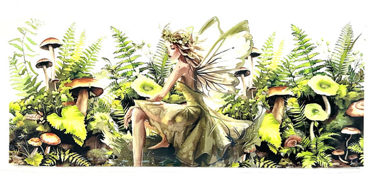 Fairy sitting among mushrooms and ferns in a forest setting