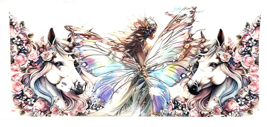 Artistic illustration of a fairy with butterfly wings and unicorns surrounded by flowers.