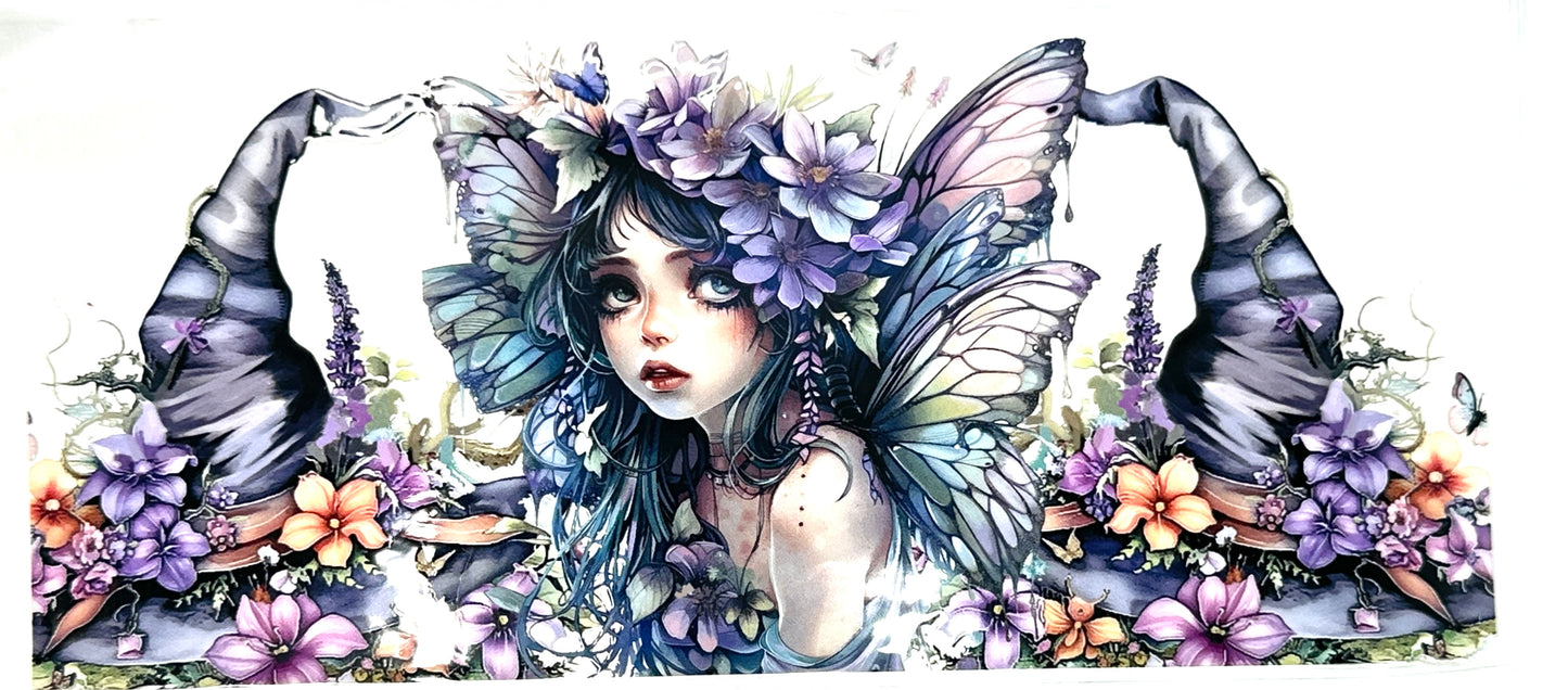 Artistic illustration of a fairy with butterfly wings surrounded by flowers