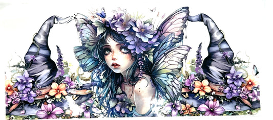 Artistic illustration of a fairy with butterfly wings surrounded by flowers
