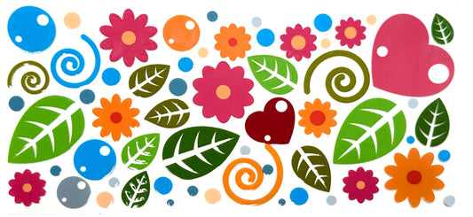 Colorful pattern of flowers, leaves, and hearts on a white background