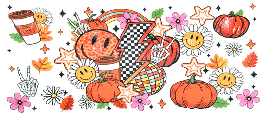 Colorful Halloween-themed design with pumpkins, flowers, and a checkered flag.
