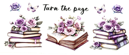 Decorative design with books, flowers, and butterflies with text 'Turn the page'.
