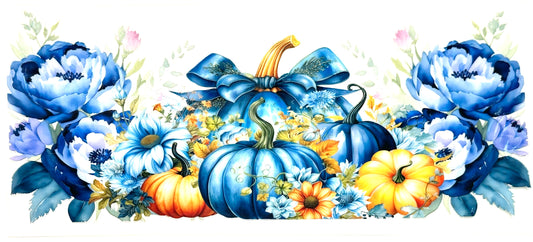 Decorative design with blue pumpkins and flowers on a white background