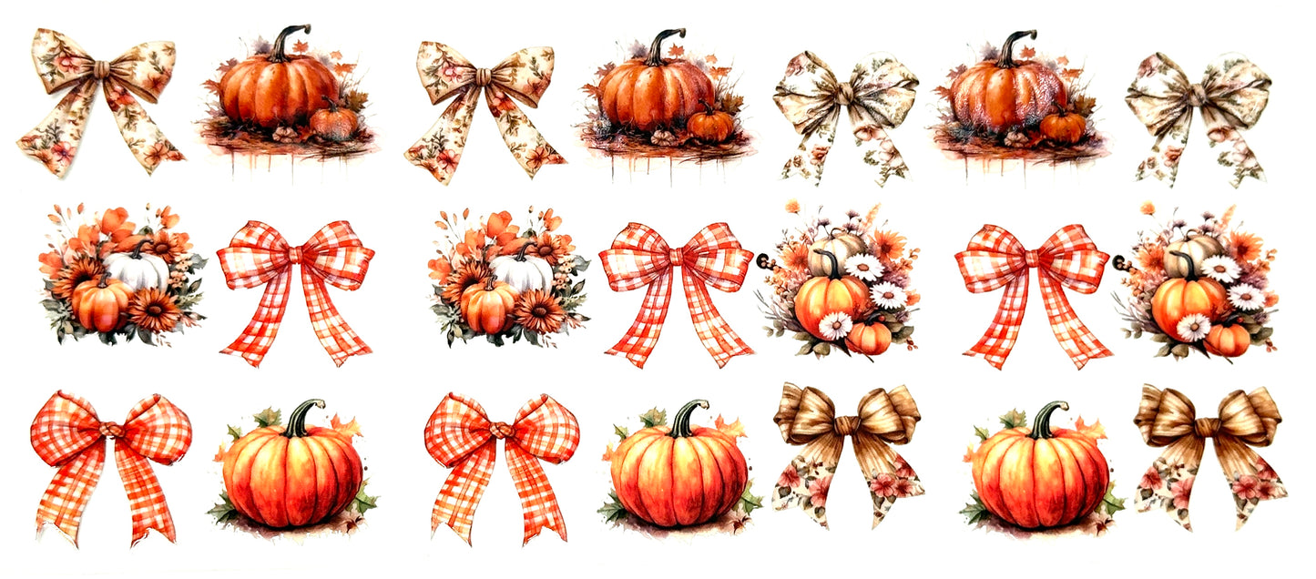 Set of autumn-themed designs with pumpkins, bows, and wreaths on a white background.
