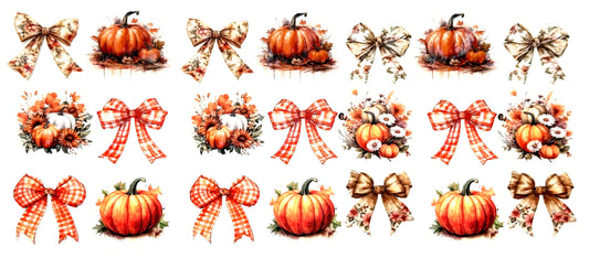 Set of autumn-themed designs with pumpkins, bows, and wreaths on a white background.
