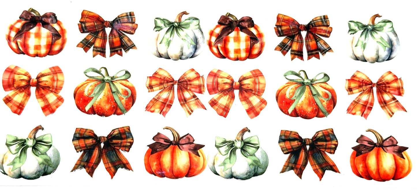 Set of autumn-themed stickers with pumpkins, bows, and ribbons.