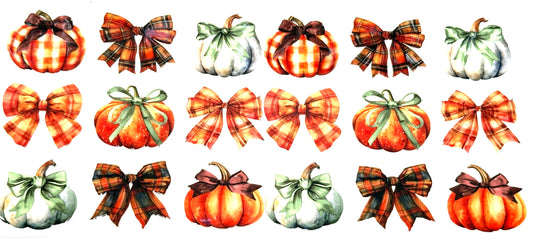Set of autumn-themed stickers with pumpkins, bows, and ribbons.