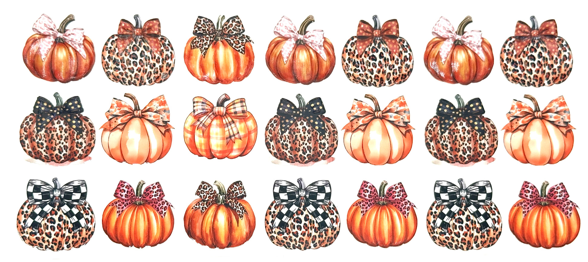 Pattern of pumpkins with bows on a white background