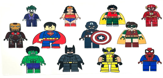 Collection of colorful superhero figures on a white background