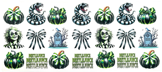 Set of Halloween-themed designs featuring pumpkins, snakes, and skulls with 'Beetlejuice' branding.