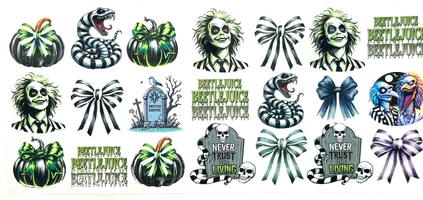 Collection of Beetlejuice-themed designs including pumpkins, ribbons, and text.