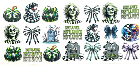 Collection of Beetlejuice-themed designs including pumpkins, ribbons, and text.