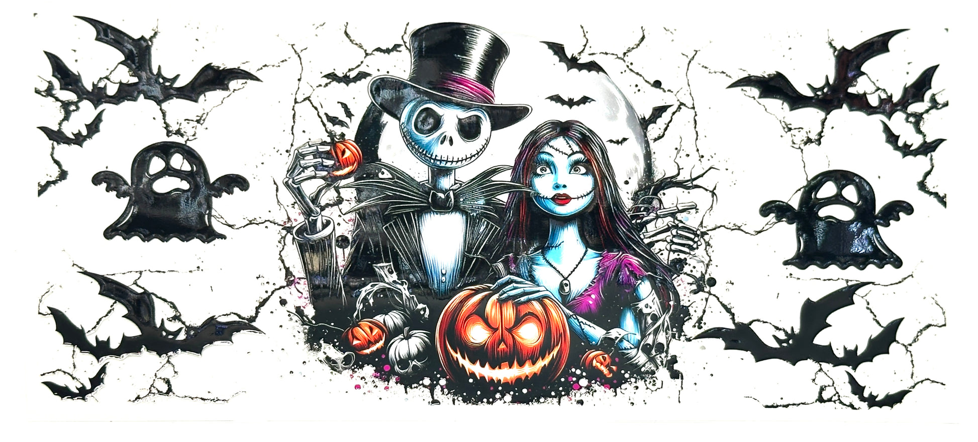 Cartoon characters in a Halloween-themed design with bats and a pumpkin.