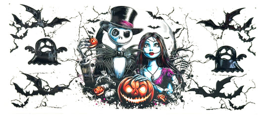 Cartoon characters in a Halloween-themed design with bats and a pumpkin.