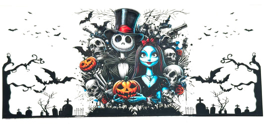Cartoon characters in a Halloween-themed setting with pumpkins, bats, and a top hat.