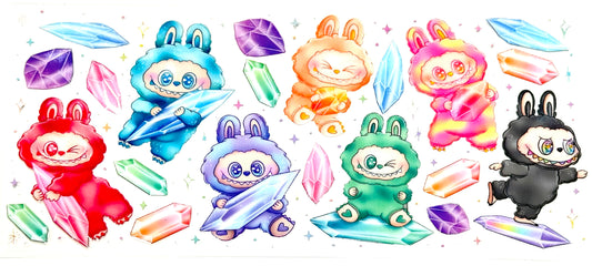 Colorful cartoon characters in various poses with crystals on a white background