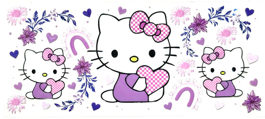 HK with purple dress and pink bow surrounded by flowers and hearts on a white background