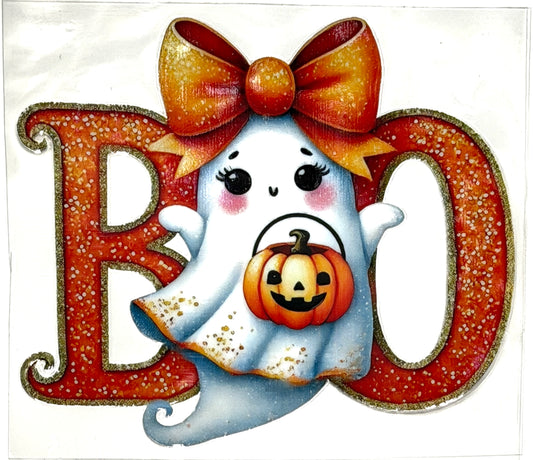 Halloween-themed decoration with ghost, pumpkin, and 'HO' letters on a white background