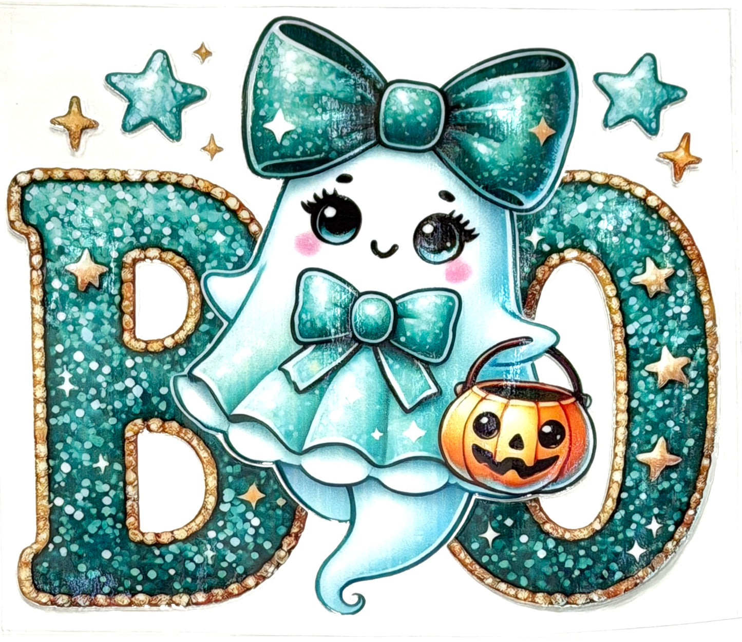 Cartoon ghost with teal bow and pumpkin basket inside letters 'BO' on a white background