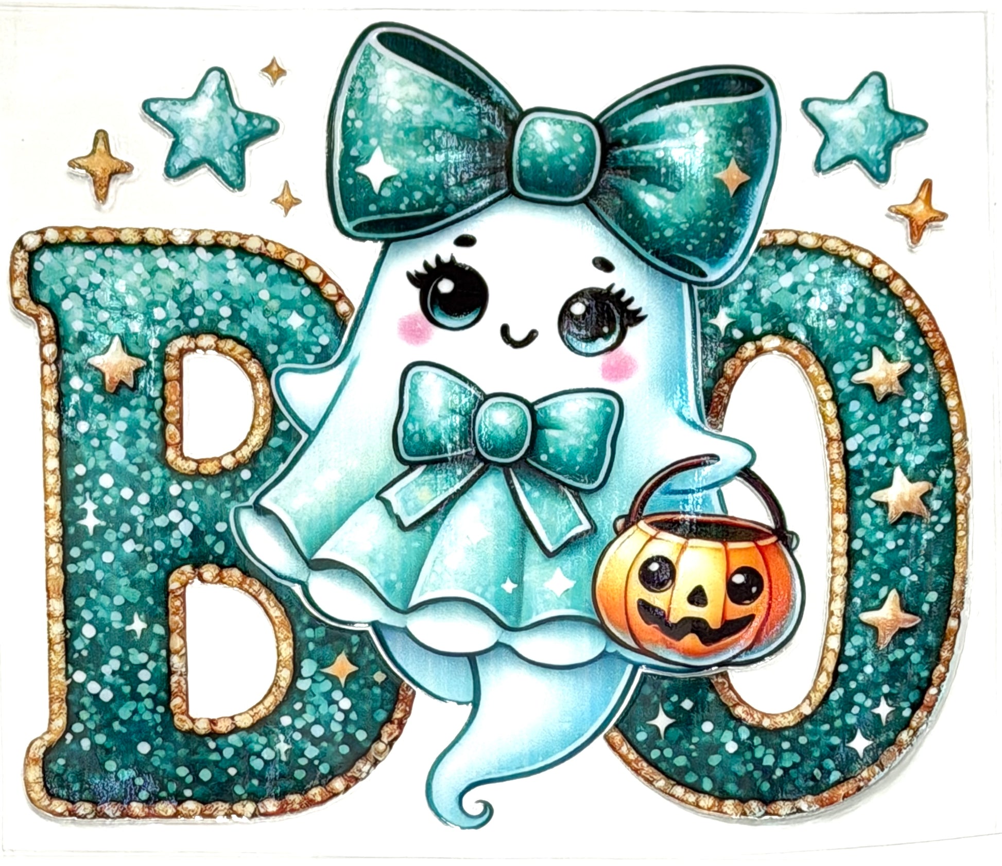 Cartoon ghost with teal bow and pumpkin basket inside letters 'BO' on a white background
