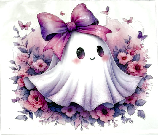 Cute ghost with a purple bow surrounded by flowers and butterflies