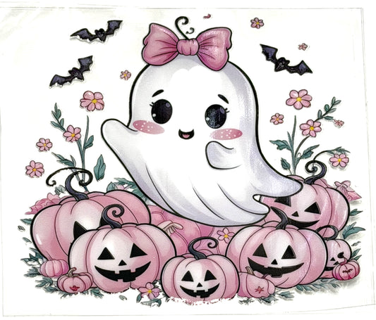 Cartoon ghost with a pink bow surrounded by pink pumpkins and bats on a white background