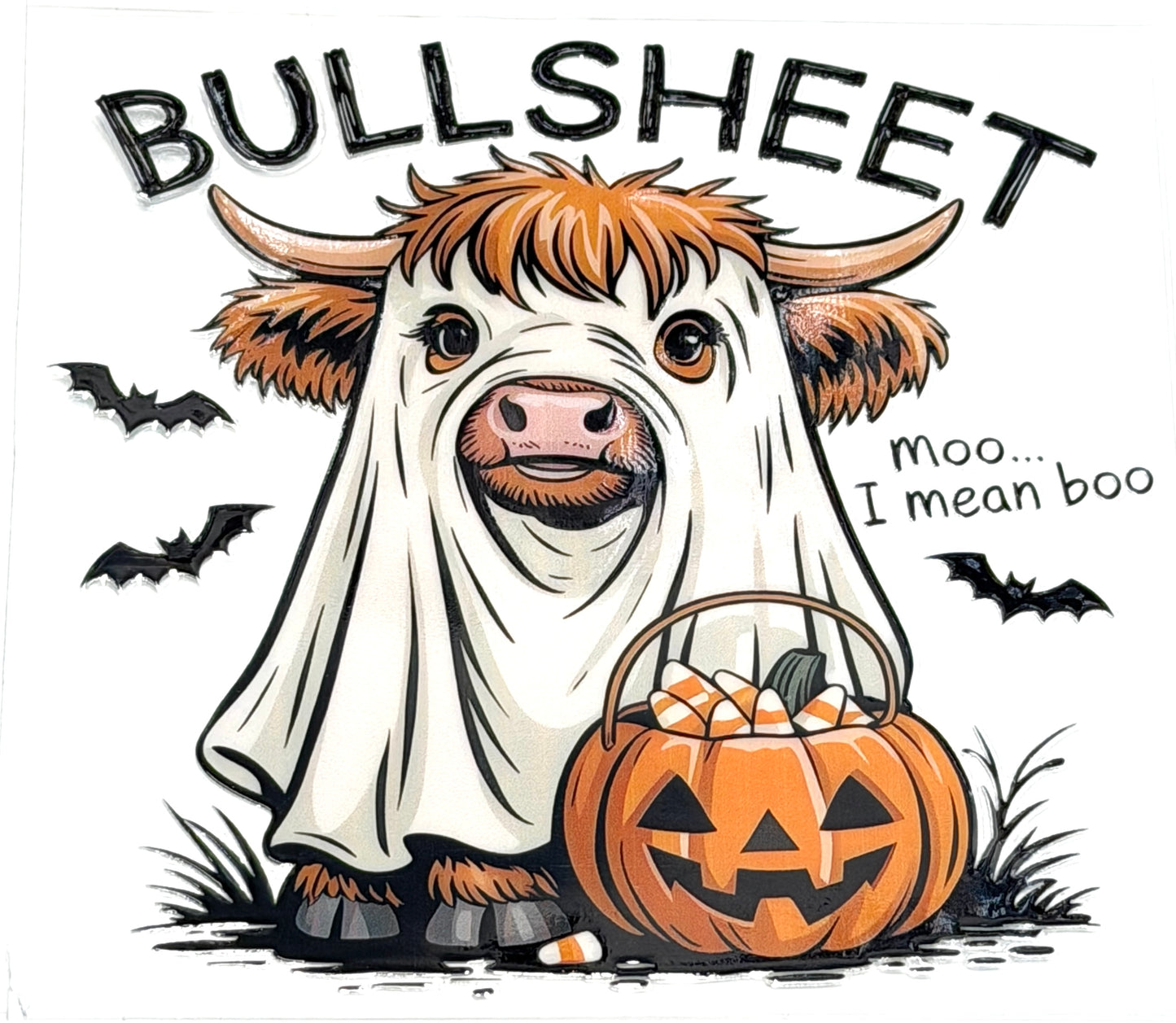 Cartoon cow in a Halloween costume with a pumpkin and bats.