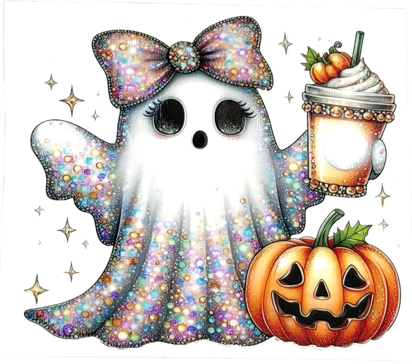 Ghost with a bow, pumpkin, and coffee cup on a white background