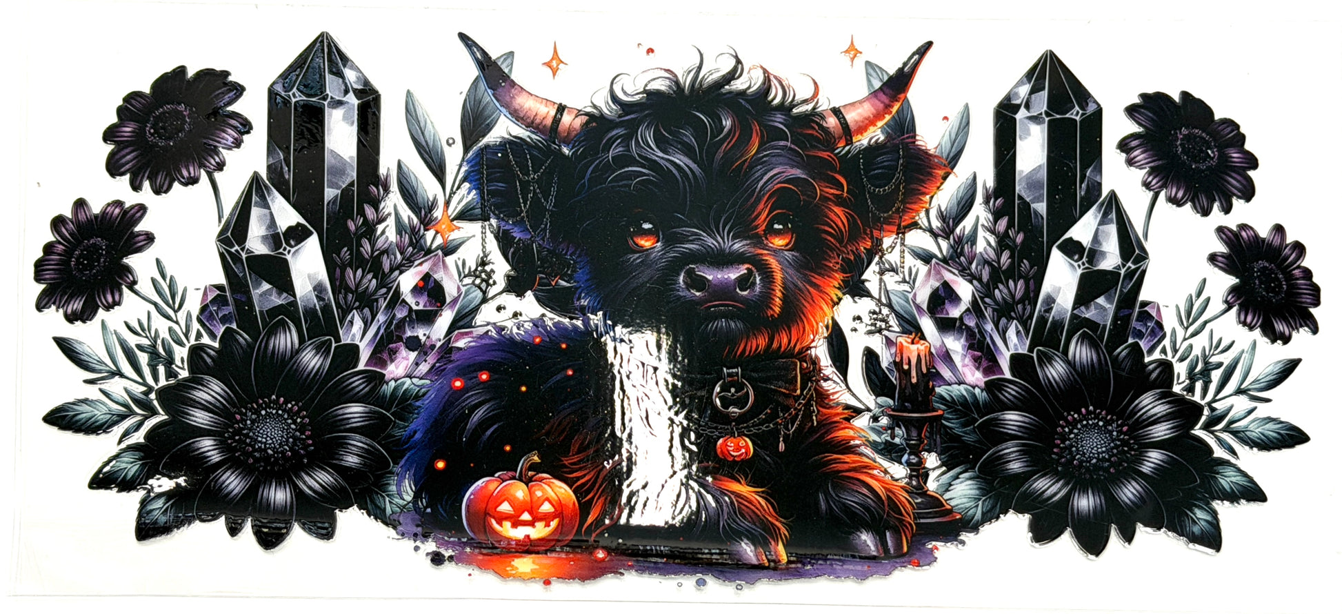Stylized bull with horns surrounded by black flowers, crystals, and a pumpkin on a white background