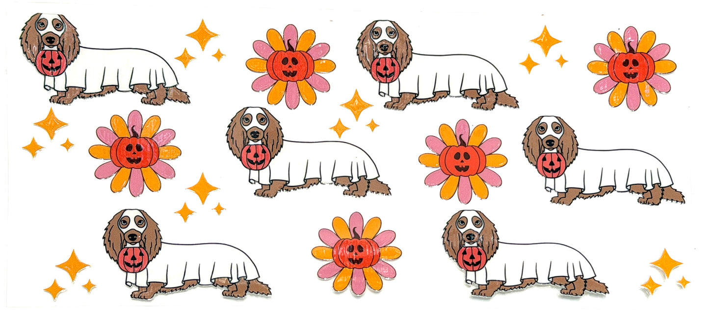 Pattern of cartoon dogs with flowers and stars on a white background