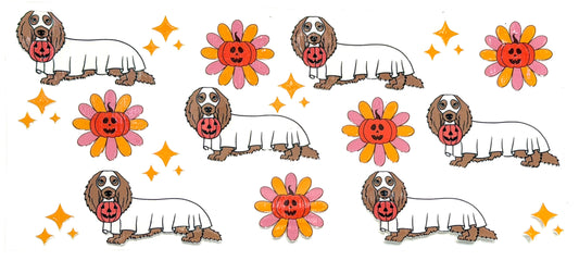 Pattern of cartoon dogs with flowers and stars on a white background
