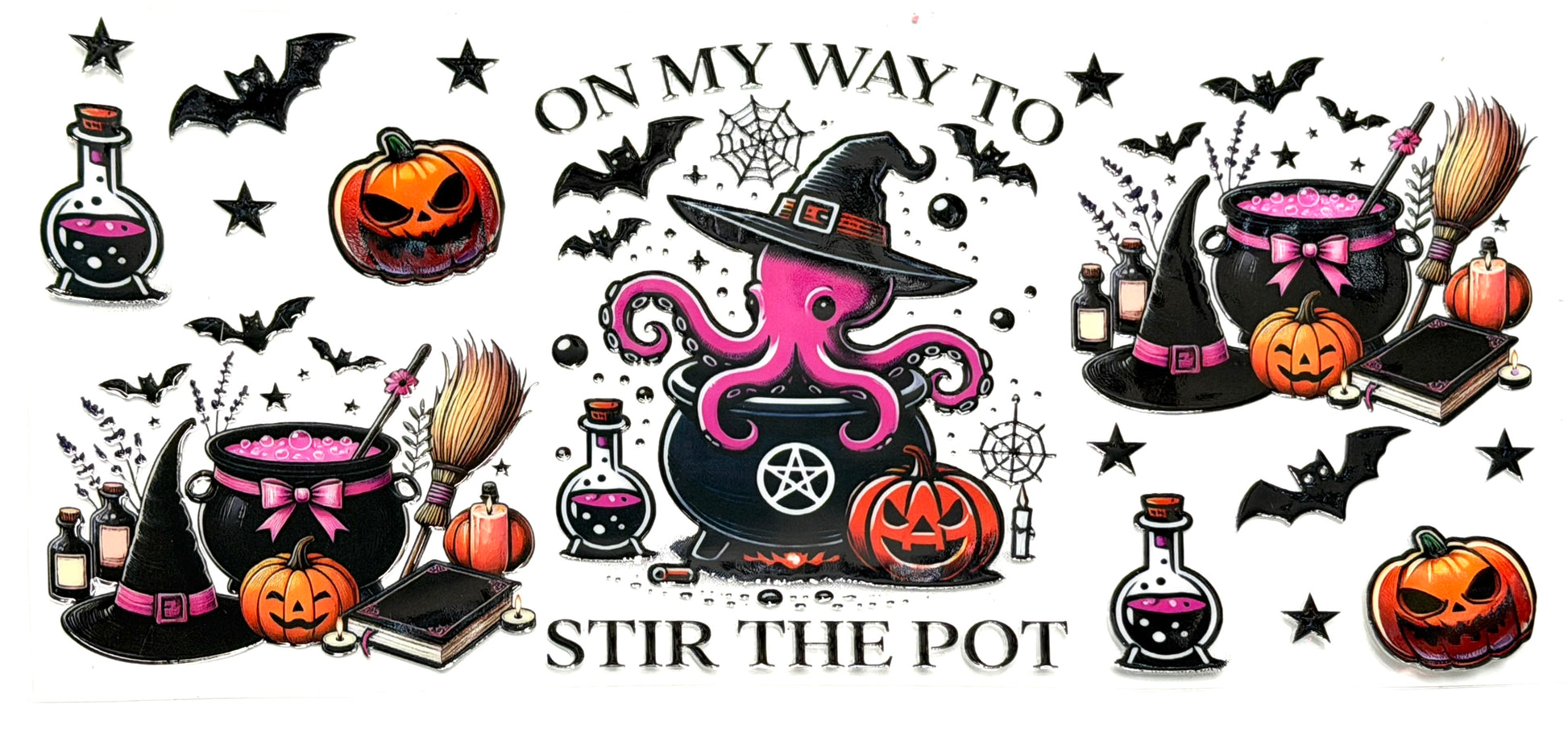 Halloween-themed design with pumpkins, cauldrons, and an octopus wearing a witch hat.