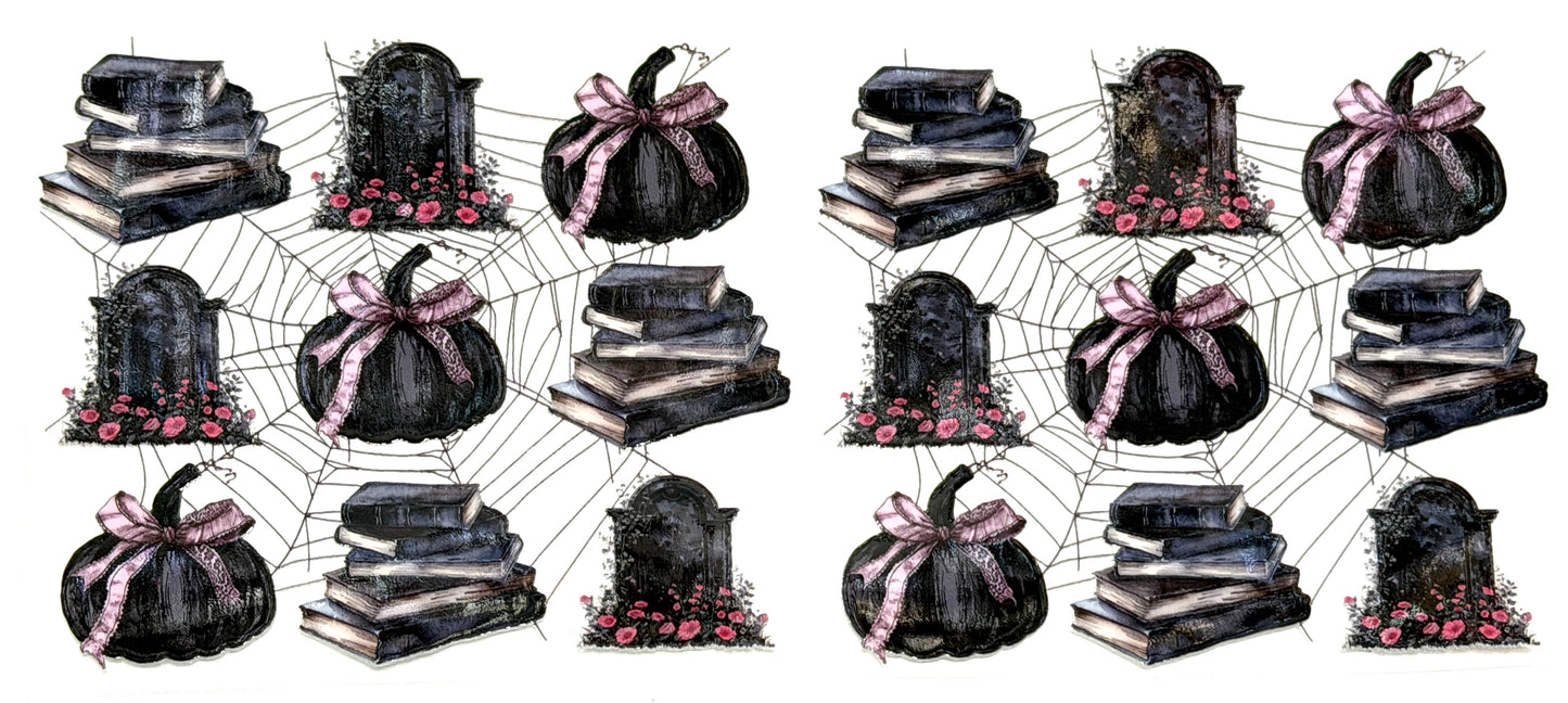 Halloween-themed design with pumpkins, gravestones, and spider webs on a white background