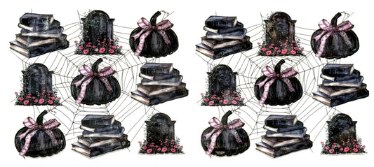 Halloween-themed design with pumpkins, gravestones, and spider webs on a white background