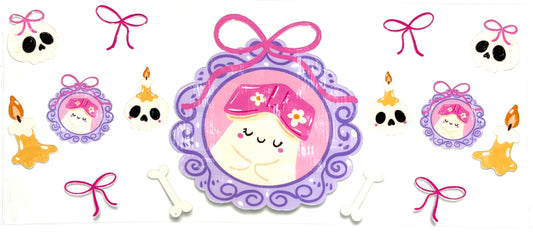 Cartoon character with a bow and decorative elements on a white background