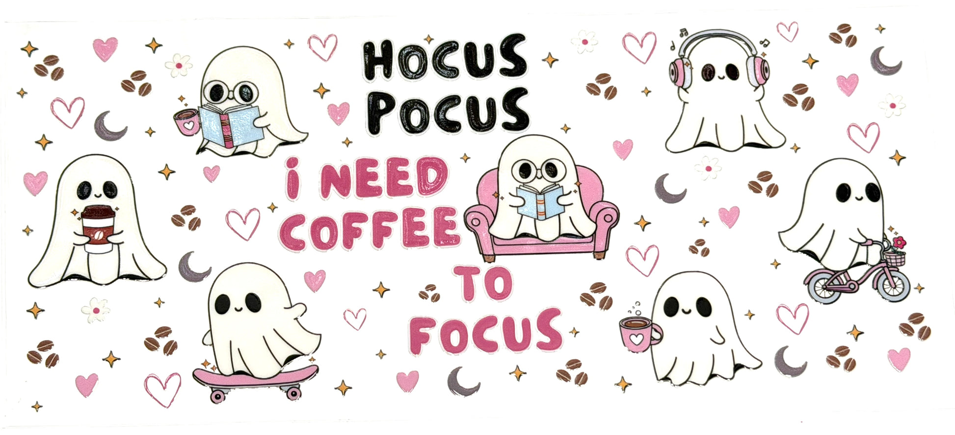 Cartoon ghosts with humorous text and coffee-themed graphics on a white background