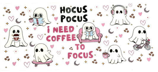 Cartoon ghosts with humorous text and coffee-themed graphics on a white background