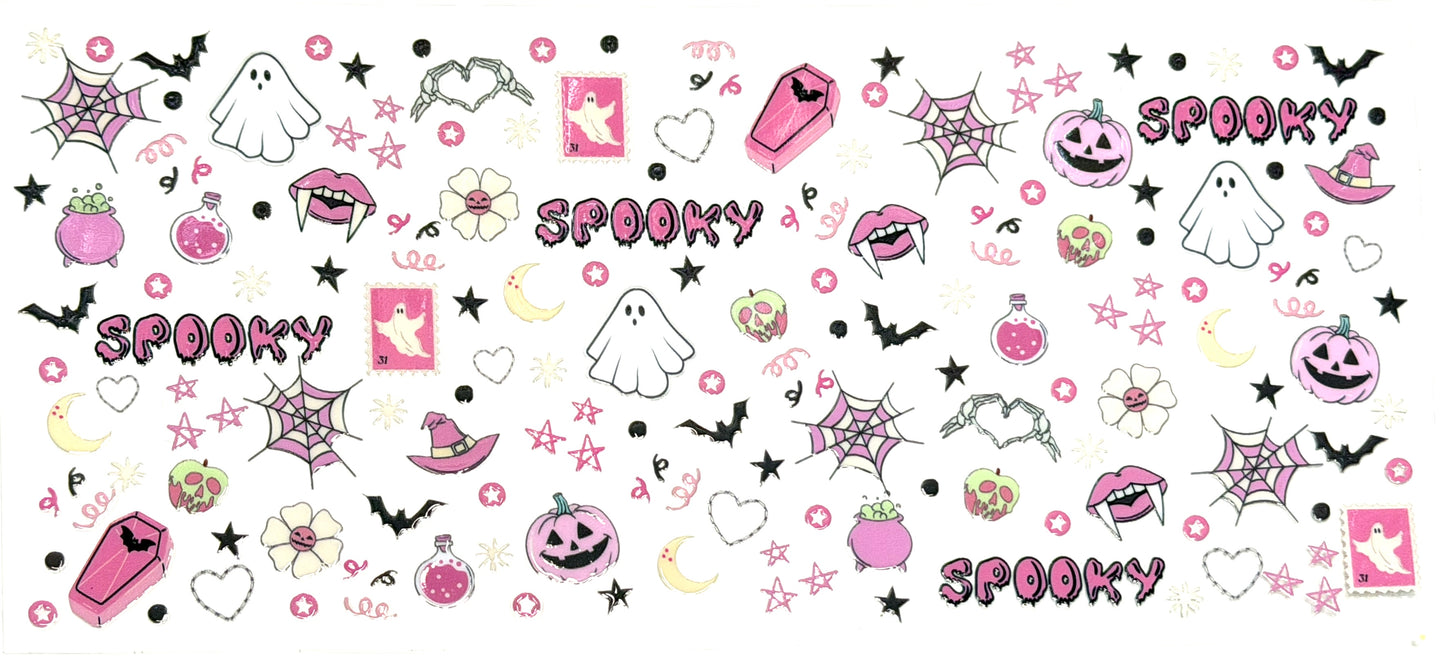 Halloween-themed decorative elements with pumpkins, ghosts, and spiders on a white background.
